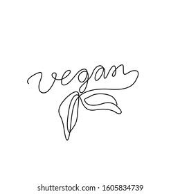 Vegan with leaf emblem or logo design, continuous line drawing, hand lettering small tattoo, print for clothes, t-shirt, one single line on a white background, isolated vector illustration.