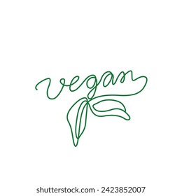 Vegan with leaf emblem or logo design, continuous line drawing, hand lettering small tattoo, print for clothes, t-shirt, one single line on a white background, isolated vector illustration.