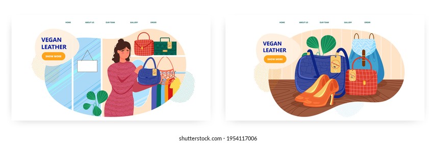 Vegan leather landing page design, website banner vector template set. Woman holding bag made of eco friendly leather.