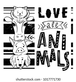 Vegan lettering concept. Save the planet. Do not eat animals. Vector illustration. Hand drawn lettering inscription. Love all animals