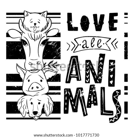 Vegan lettering concept. Save the planet. Do not eat animals. Vector illustration. Hand drawn lettering inscription. Love all animals