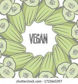 VEGAN lettering and Cucumbers arranged in a circle. Round composition with colorful veggies arranged in a circle.