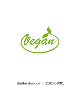 Vegan lettering with leaf. Vegetarian stamp sticker print