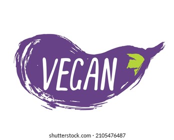 Veganische Schriftart, Vektorgrafik. Die Inschrift auf dem Hintergrund eines Gemüses. Auberginen. Veganisches Diätsymbol. Bio, Bio, ökologisches Symbol. Veganisches, gesundes, frisches und gewaltfreies Essen.