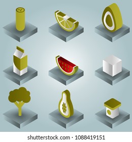 Vegan life color gradient isometric icons set