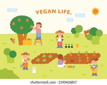 Vegan Life. Cute Characters Are Growing Vegetables On The Farm. A Person Picking Fruit From A Tree. The Bear Hiding Behind The Broccoli. Flat Design Style Vector Illustration.