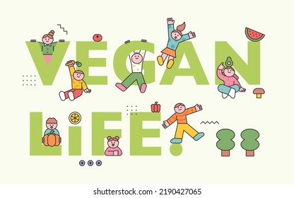 Vegan life. Cute kids characters are playing with the vegan life alphabet. Vegetables and fruits icons. flat design style vector illustration.