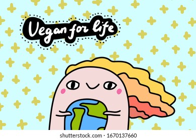 Vegan por la vida ilustración vectorial dibujada a mano en caricatura mujer de estilo cómico sosteniendo el planeta Tierra imprime afiches con letras