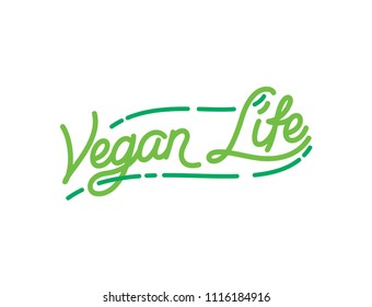 Vegan Life hand made lettering logo in original style. Hand drawn calligraphic green vegan eco template. Go Vegan vector design with line ornaments and fresh green leafs. Ready for all type of media