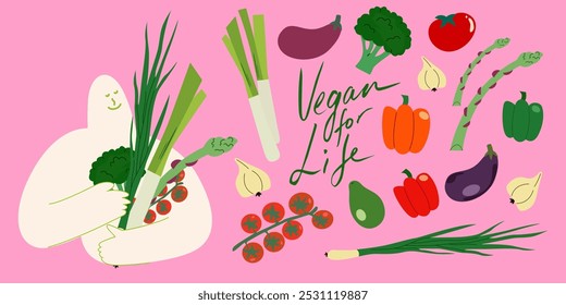 Vegan for Life Illustration to Protect the Earth. Doodle cartoon silhouette of a person hugging a vegetables. Vegan eco-friendly products, natural healthy food. No meat