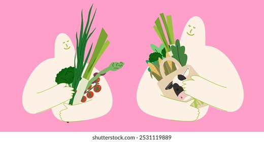 Vegan for Life Illustration to Protect the Earth. Doodle cartoon silhouette of a person hugging a vegetables. Vegan eco-friendly products, natural healthy food. No meat