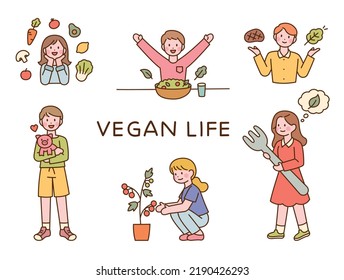 vegan life. A person holding a baby pig. People who grow and eat vegetables. flat design style vector illustration.