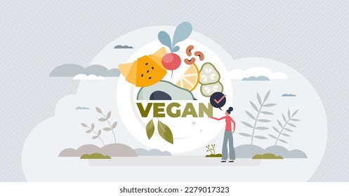 Estilo de vida vegano con una dieta equilibrada basada en plantas naturales diminutas. Evitar la carne y los productos lácteos para la ilustración vectorial de la cocina sana y respetuosa con la naturaleza. Comida con verduras y nueces.