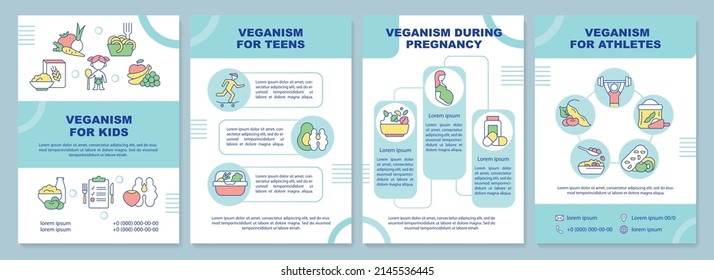 Vegan lifestyle for everyone brochure template. Plant based nutrition. Leaflet design with linear icons. 4 vector layouts for presentation, annual reports. Arial-Black, Myriad Pro-Regular fonts used