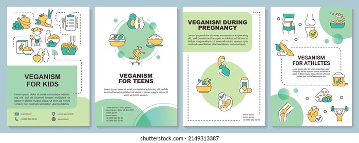 Vegan lifestyle for everyone green brochure template. Leaflet design with linear icons. 4 vector layouts for presentation, annual reports. Arial-Black, Myriad Pro-Regular fonts used