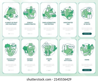 Vegan lifestyle green onboarding mobile app screen set. Healthy veganism walkthrough 5 steps graphic instructions pages with linear concepts. UI, UX, GUI template. Myriad Pro-Bold, Regular fonts used