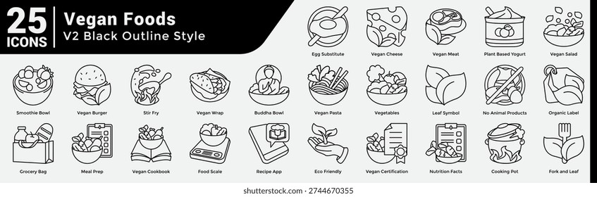 В наборе Vegan Lifestyle Kitchen Icon Bundle 25 символов для приготовления пищи, покупок и наслаждения разнообразными веганскими блюдами и продуктами. Стиль линии.