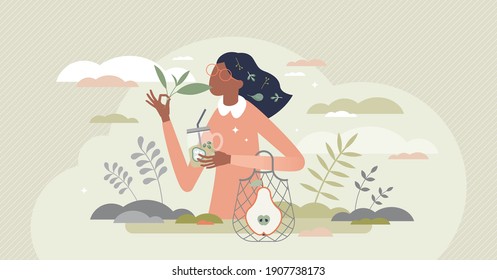 Vegan lifestyle with natural organic food and green thinking tiny person concept. Bio habits in daily life with sustainable resource consumption vector illustration. Hipster female with nature love.