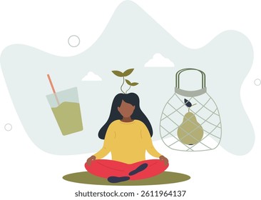 Vegan lifestyle with natural organic food and green thinking .Bio habits in daily life with sustainable resource consumption.flat character life .