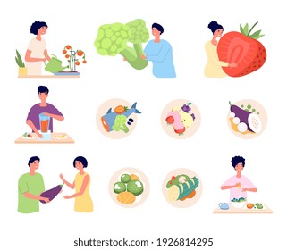 Vegan lifestyle. Organic food, isolated vegetarian nature product. Organic meal of eco farm, people eat antioxidant fruit vegetables utter vector set