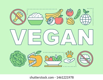 Vegan lifestyle word concepts banner. Vegetarian nutrition presentation, website. Isolated lettering typography idea with linear icons. Organic fruits and vegetables vector outline illustration