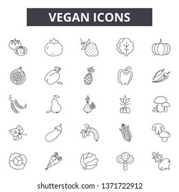 Vegan line icons, signs set, vector. Vegan outline concept, illustration: leaf,food,organic,eco,vegan,vegetarian,health,natural