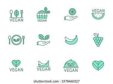 vegan linear vector icons in two colors isolated on white. vegan food green icon set for web design, ui, mobile apps and print