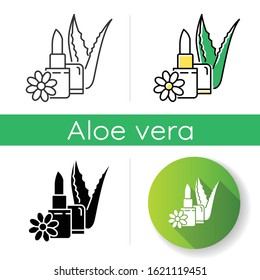 Vegan lipcare icon. Organic lip balm. Natural lipstick with aloe vera. Cosmetic with herbs and flowers. Dermatology and skincare. Linear black and RGB color styles. Isolated vector illustrations