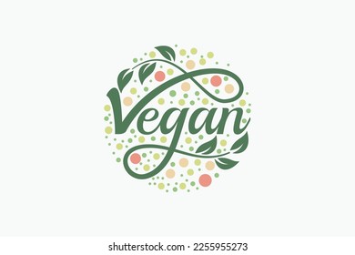 Vegan logo with a combination of vegan lettering, floral elements, circles and leaves for any business, especially restaurants, cafes, stores, etc.
