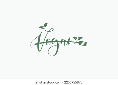 Vegan logo with a combination of vegan lettering, fork and leaves for any business, especially restaurants, cafes, stores, etc.