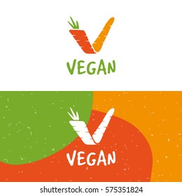 Modelo de design de logotipo vegan. Vetor V letra cenoura ilustração fundo. Eco vegetariano selo orgânico para restaurante, menu café. Ícone de alimento fresco biológico criativo para produtos saudáveis verdes