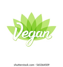 Vegan logo design. Vector illustration with abstract lotus flower and  lettering. Symbol  for menu, labels, logos, badges, pins, stickers. 