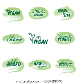 Vegan logo. Eco lettering, natural product, organic. Vegetarian badges.