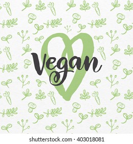 Vegan logo. Fresh healthy organic food vector hand drawn illustration. Vegetarian eco green concept.