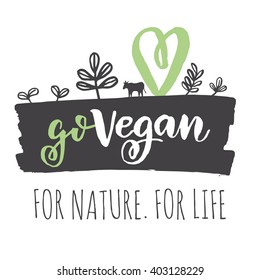 Veganisches Logo. Go Vegan Logo Konzept. Frische gesunde Bio-Veganer Lebensmittel, Vektorgrafik handgezeichnet. Vegetarisches Ökokonzept