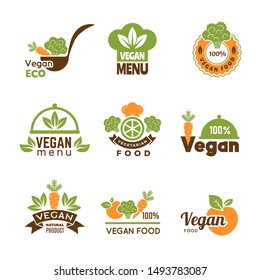 Vegan Logo. Healthy Food Vegetarian Ecology Emblem Natural Lifestyle Symbols Vector Collection