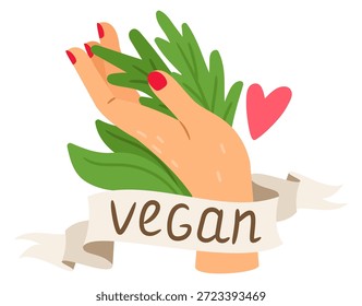 Vegan logo with human hands and greenery. Organic food