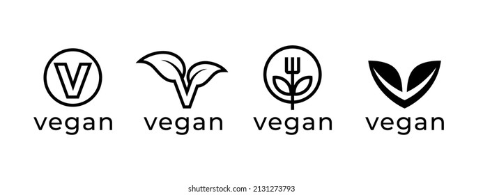 Vegan logo icon set. Plant based diet product label leaf symbols. Vegetarian food sign. Vector illustration.