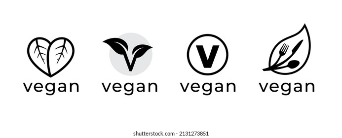 Vegan logo icon set. Plant based diet product label leaf symbols. Vegetarian food sign. Vector illustration.