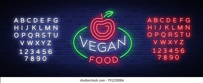 Vegan logo Neon sign, vegan symbol, bright luminous sign, neon night advertising on the theme Vegetarian food, healthy organical food, vegetables, fruits. Vector illustration. Editing text neon sign