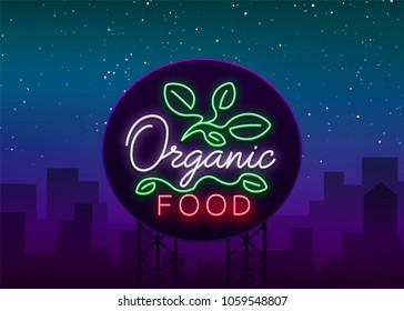 Vegan logo in neon style. Neon symbol, bright luminous sign, neon night advertising on the theme of Vegetarian food, healthy organical food, vegetables, fruits, vegetarian cafes. Vector illustration