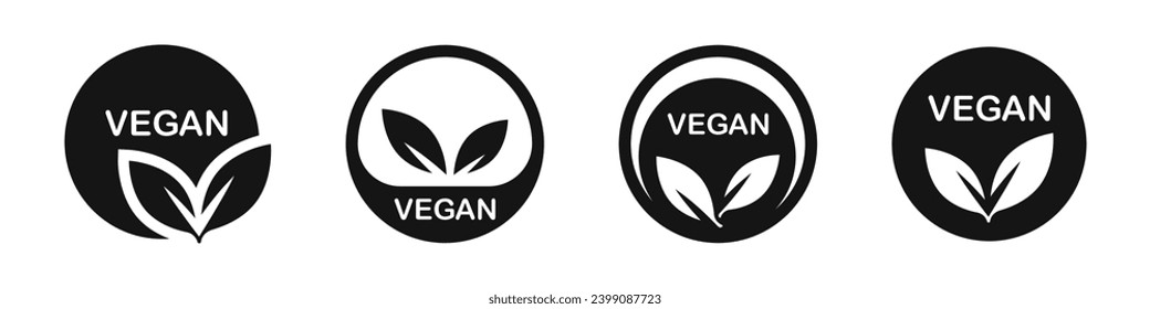 Veganisches Logo-Set. Veganische Vektorsymbole. Veganische Etiketten und Tags. Veganische Lebensmittelzeichen.
