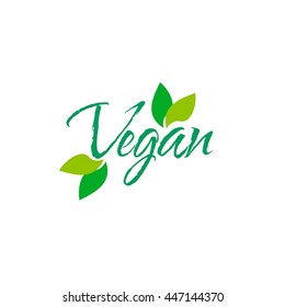 Vegan Logo with a single fresh green leaf above lowercase text - vegan - on a white background, simple stylish vector illustration