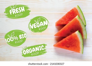 Vegan logos and badges icon set. Watermelon table background.