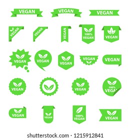 Vegan logos collection set, organic bio logos or signs. Raw, healthy food badges, tags set for cafe, restaurants, products packaging etc. Vector vegan sticker icons templates set.