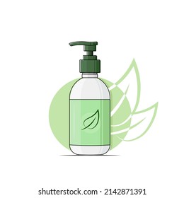 vegan lotion, green organic gel dispenser bottle, skin care vector illustration