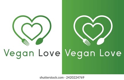 Vegan Love Logo Design Spoon and Fork with Heart Logotype vegetarian logo