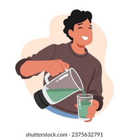 Vegan Man Carefully Pours Vibrant, Plant-based Smoothie Into A Glass, Creating A Green Cascade Of Nutritious Goodness, A True Embodiment Of Health-conscious Living. Cartoon People Vector Illustration