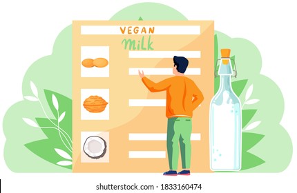 Vegan man looks at a menu with different types of plant-based milk and selects order. The guy adheres to a proper diet and a healthy lifestyle. Peanut, almond and coconut milk. Vegan concept