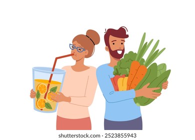 El hombre y la mujer veganos son apasionados por la dieta de alimentos crudos, y mantener jugo fresco o verduras orgánicas. Dos veganos o vegetarianos disfrutando de la vida y el sabor de ingredientes saludables y libres de grasa